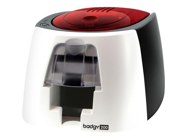 Badgy - Solution Badgy200 - 1 imprimante à carte Badgy200 (couleur et monochrome. Sublimation transfert thermique. USB 2.0) - 1 cassette ruban d'impression couleur (100 impression)- 100 cartes PVC - format CR-80 (85.6 x 54 mm) épaisseur 0,76mm- 1 Licence