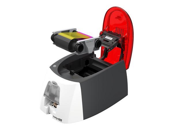 Badgy - Solution Badgy200 - 1 imprimante à carte Badgy200 (couleur et monochrome. Sublimation transfert thermique. USB 2.0) - 1 cassette ruban d'impression couleur (100 impression)- 100 cartes PVC - format CR-80 (85.6 x 54 mm) épaisseur 0,76mm- 1 Licence