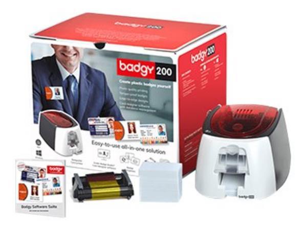 Badgy - Solution Badgy200 - 1 imprimante à carte Badgy200 (couleur et monochrome. Sublimation transfert thermique. USB 2.0) - 1 cassette ruban d'impression couleur (100 impression)- 100 cartes PVC - format CR-80 (85.6 x 54 mm) épaisseur 0,76mm- 1 Licence