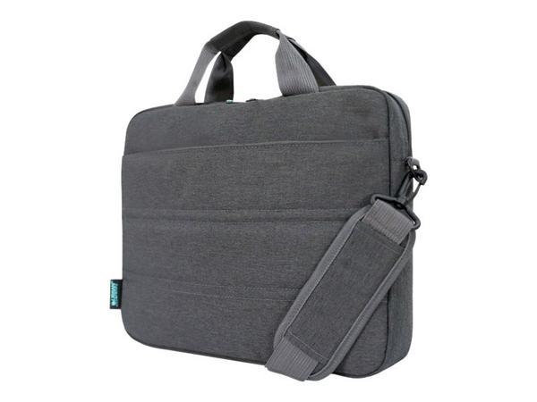 URBAN FACTORY Toploading bag made of recycled Nylon r-PET Reinforced notebook compartment Flat front pocket with zip Back patch