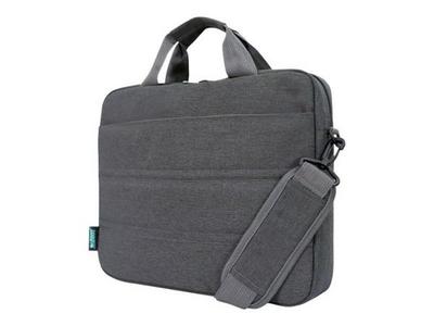 URBAN FACTORY Toploading bag made of recycled Nylon r-PET Reinforced notebook compartment Flat front pocket with zip Back patch