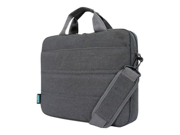 URBAN FACTORY Toploading bag made of recycled Nylon r-PET Reinforced notebook compartment Flat front pocket with zip Back patch