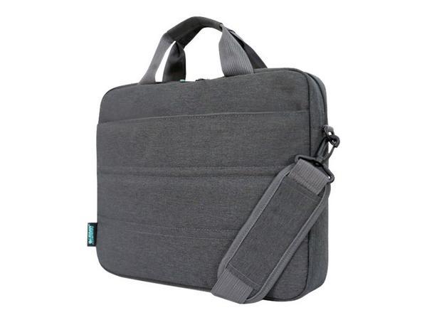 URBAN FACTORY Toploading bag made of recycled Nylon r-PET Reinforced notebook compartment Flat front pocket with zip Back patch