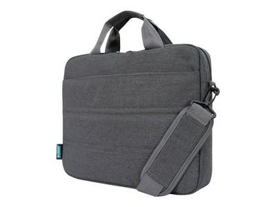 URBAN FACTORY Toploading bag made of recycled Nylon r-PET Reinforced notebook compartment Flat front pocket with zip Back patch