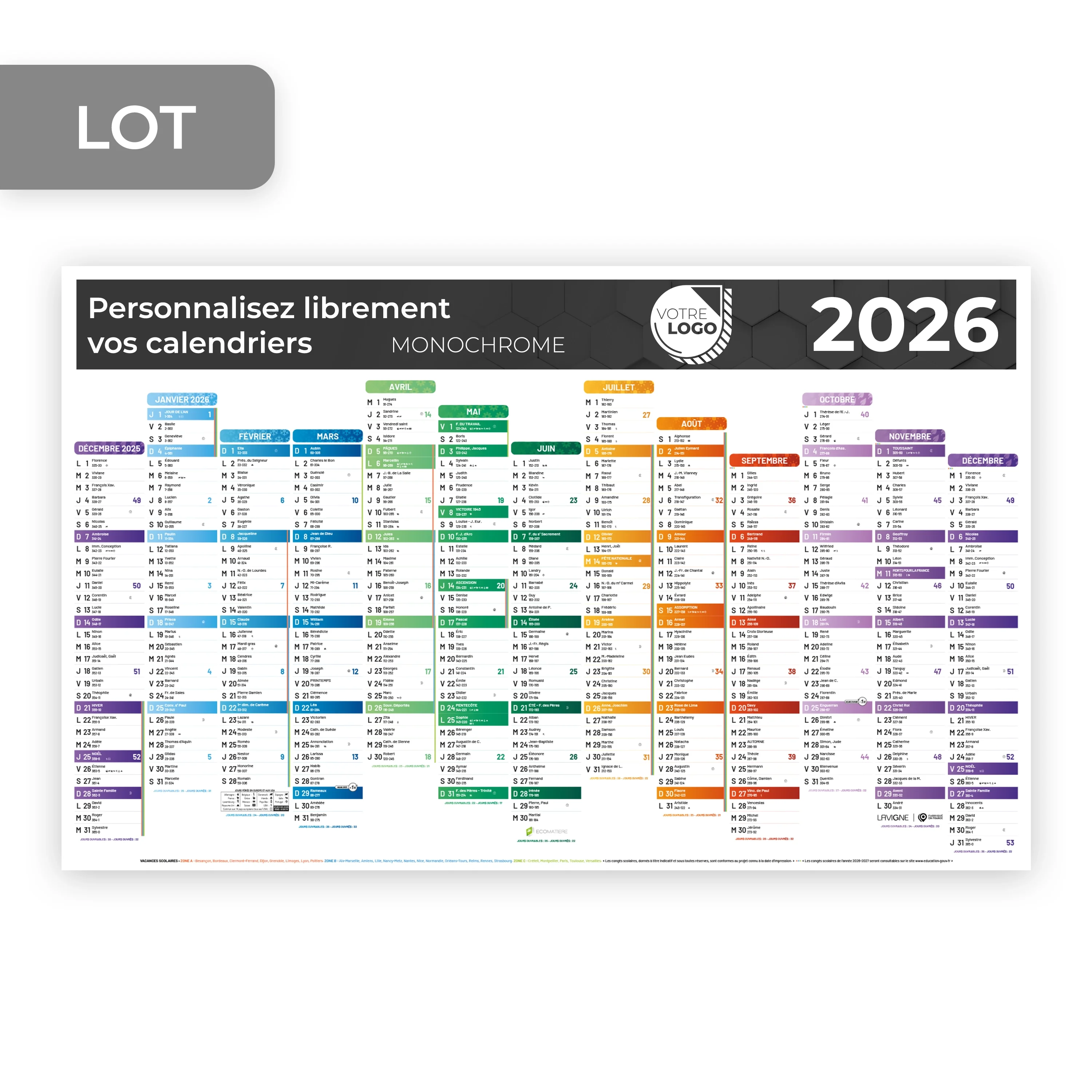 CALENDRIER MAXI MONOCHROME  (63 x 40,5 CM) - PERSONNALISABLE
