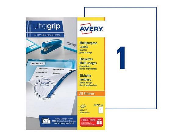 1 Boite de 100 Planches d'étiquettes multiusages AVERY 210x297 mm soit 100 étiq/boîte