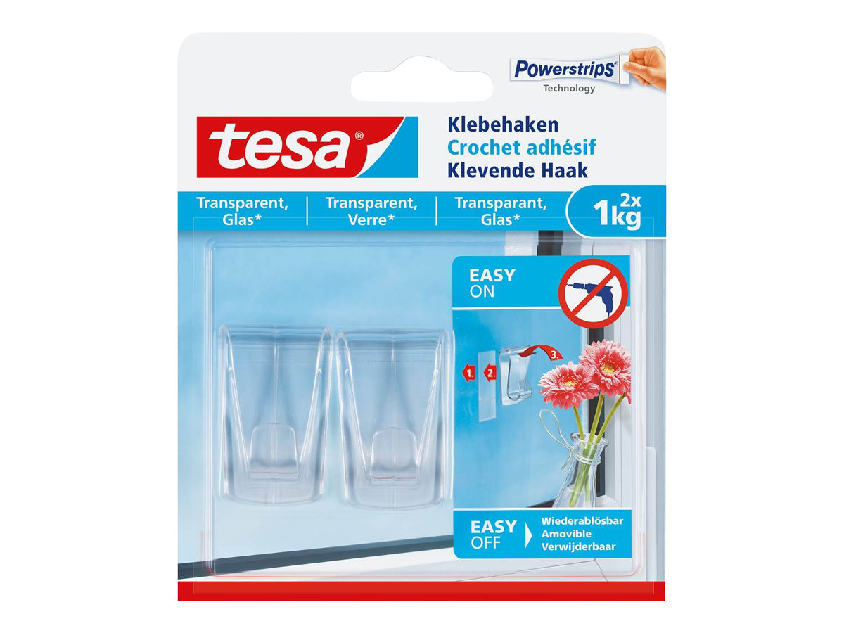 1 Blister de 2 Crochets adhésifs pour verre et surfaces transparentes 1Kg - TESA