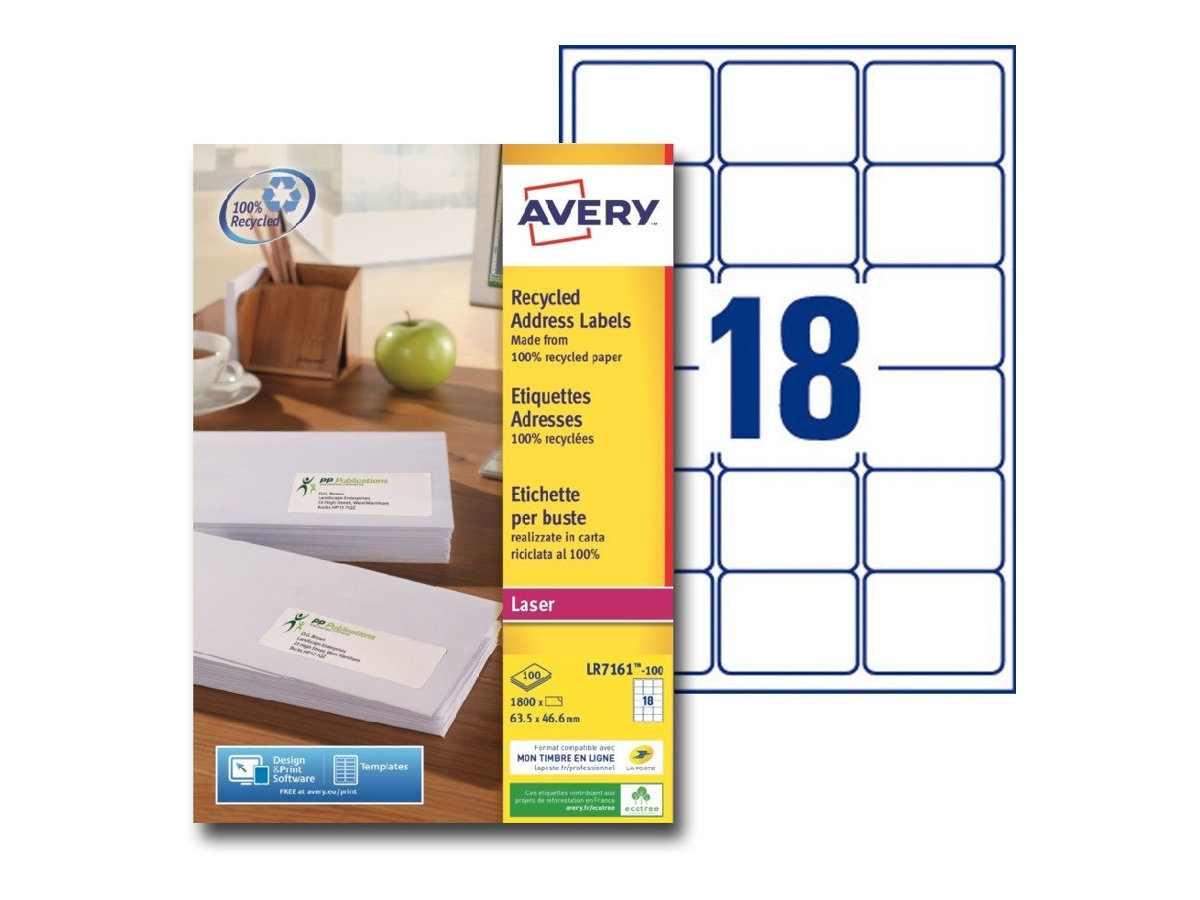 1 Boite de 100 planches de 18 étiquettes laser AVERY 63,5x46,6mm soit 1800 étiq/boîte
