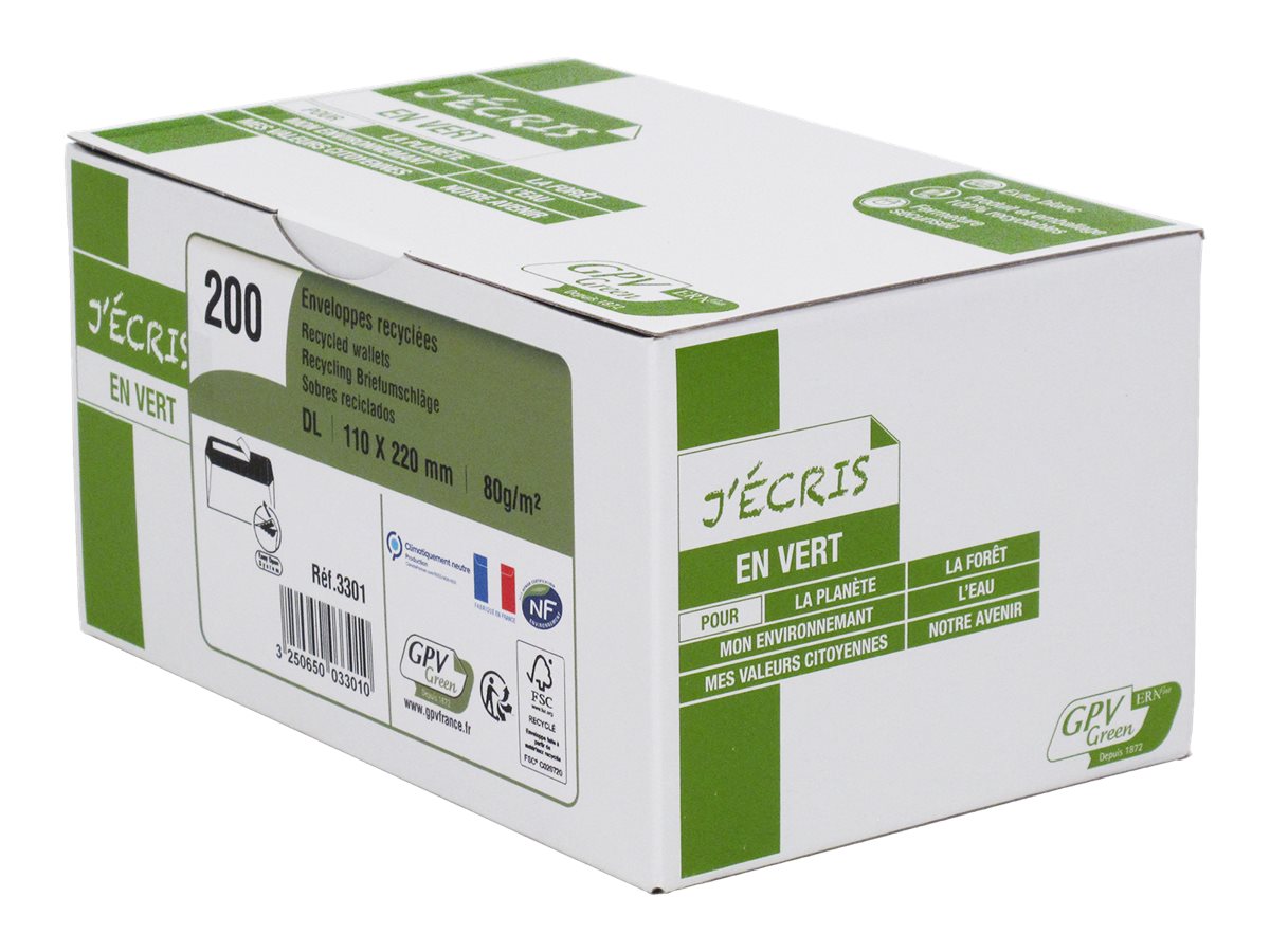 1 Boite de 200 Enveloppes DL blanches recyclées 80g bande de protection