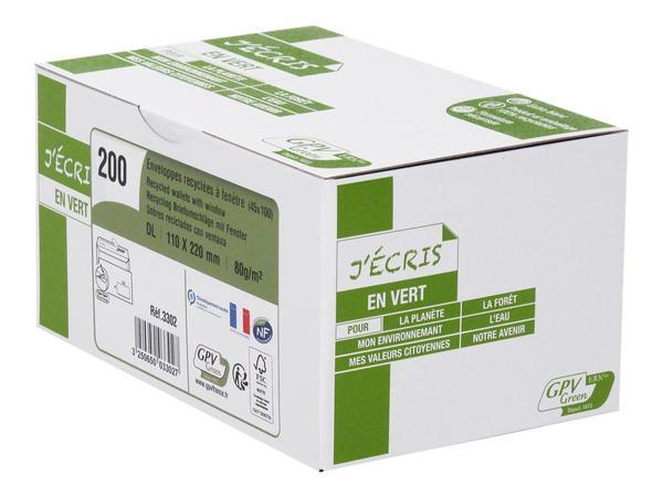 1 Boite de 200 Enveloppes DL blanches recyclées 80g bande protection fenêtre 45x100mm
