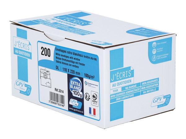 1 Boite de 200 Enveloppes Extra blanches DL 110x220 100 g fenêtre 45x100 bande protec
