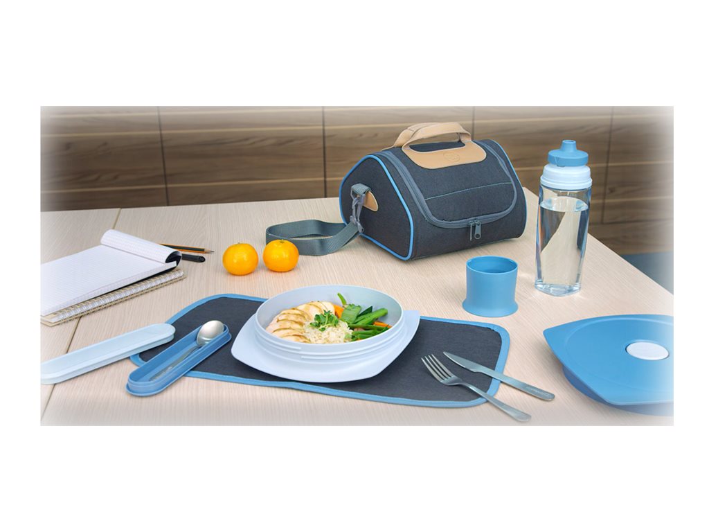 1 Boîte plastique contenant fourchette, couteau et petite cuillère. Bleu