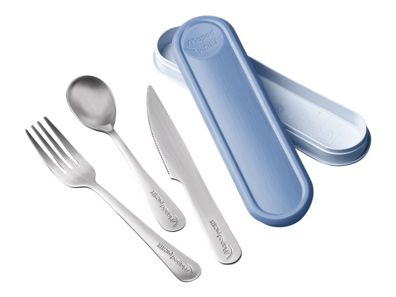 1 Boîte plastique contenant fourchette, couteau et petite cuillère. Bleu