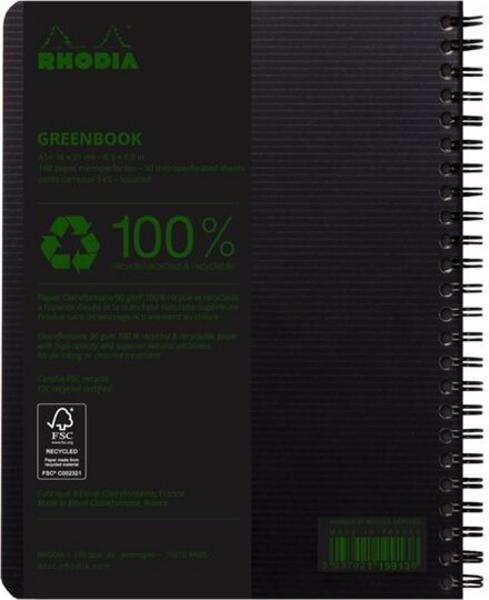 1 Cahier Rhodia polypropylène recyclé 160 pages A5+ 5x5. Noir