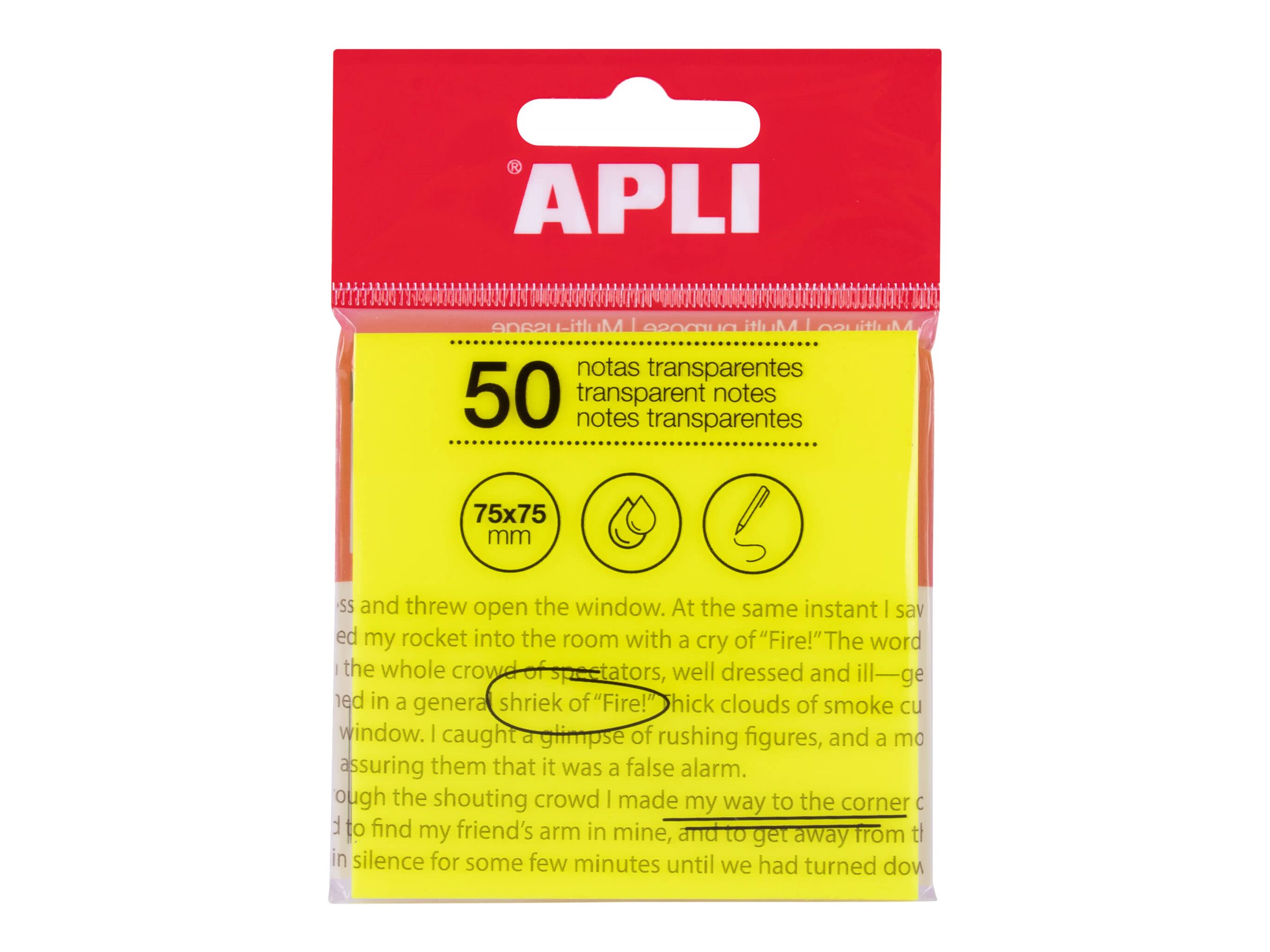 1 Paquet 50 feuilles de notes adhésives transparentes de 75x75 mm jaunes