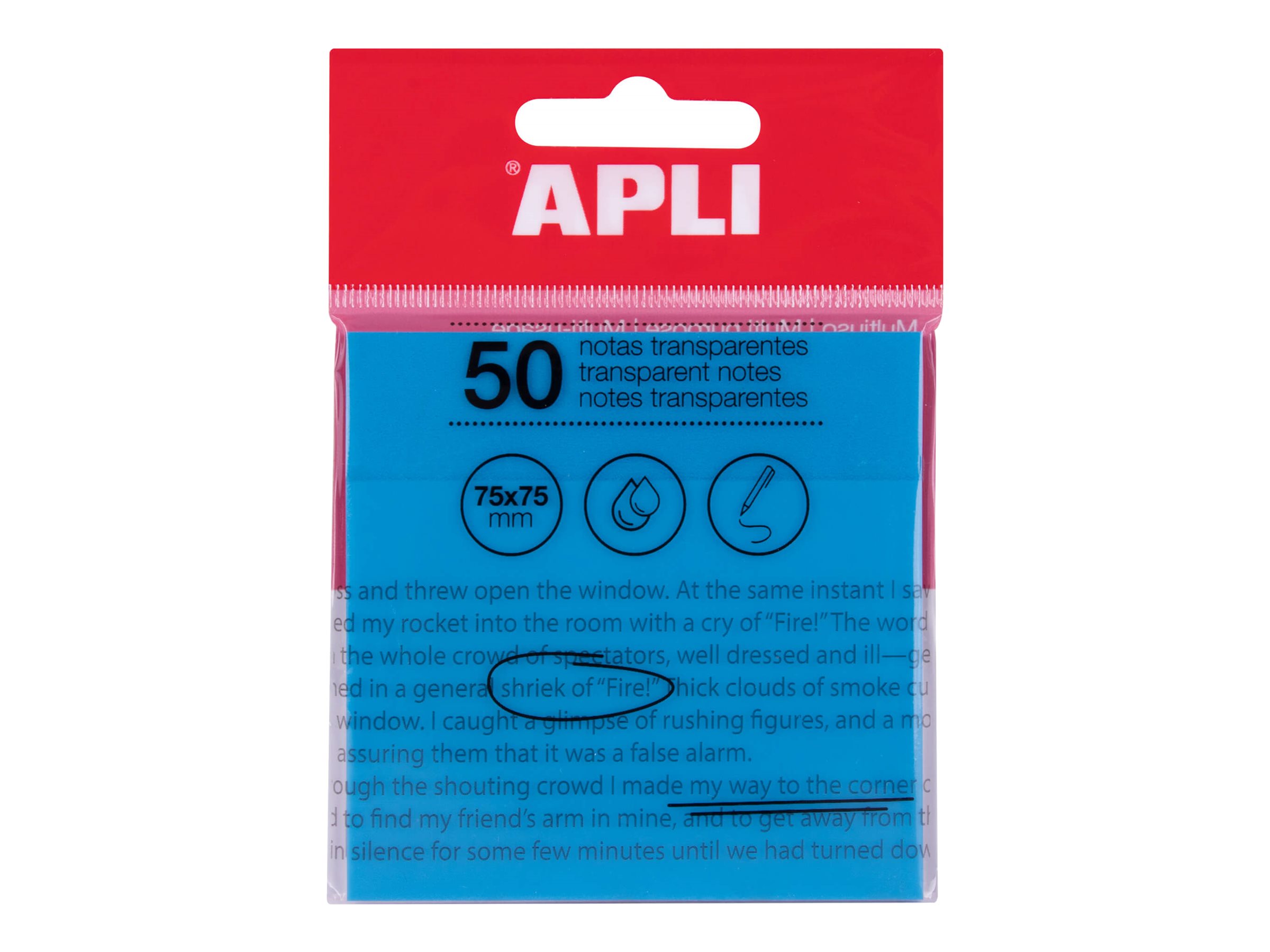 1 Paquet 50 feuilles de notes adhésives transparentes 75x75 mm bleues