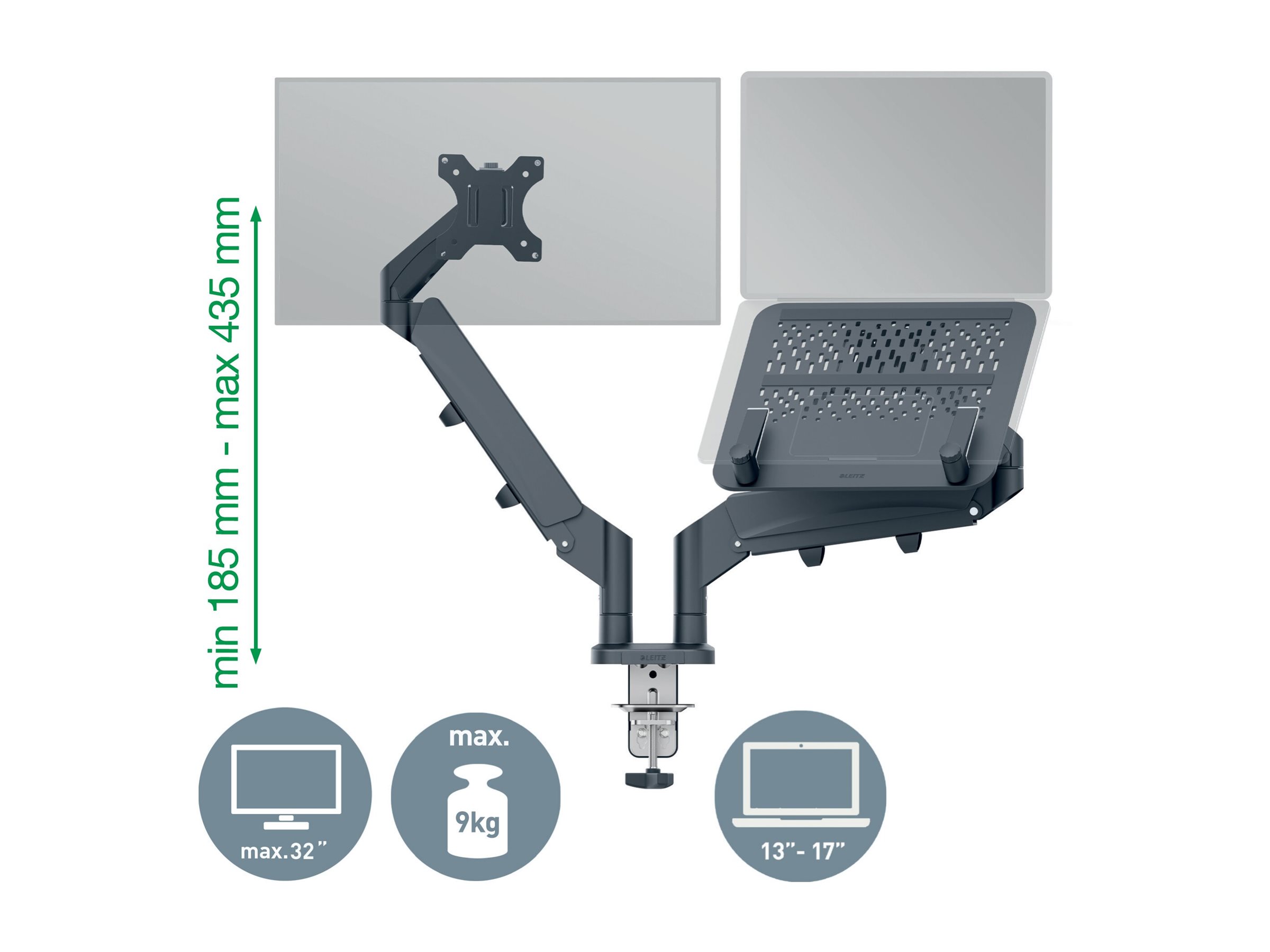 1 Bras porte-écran double faible encombrement pour écran/PC Leitz - Gris